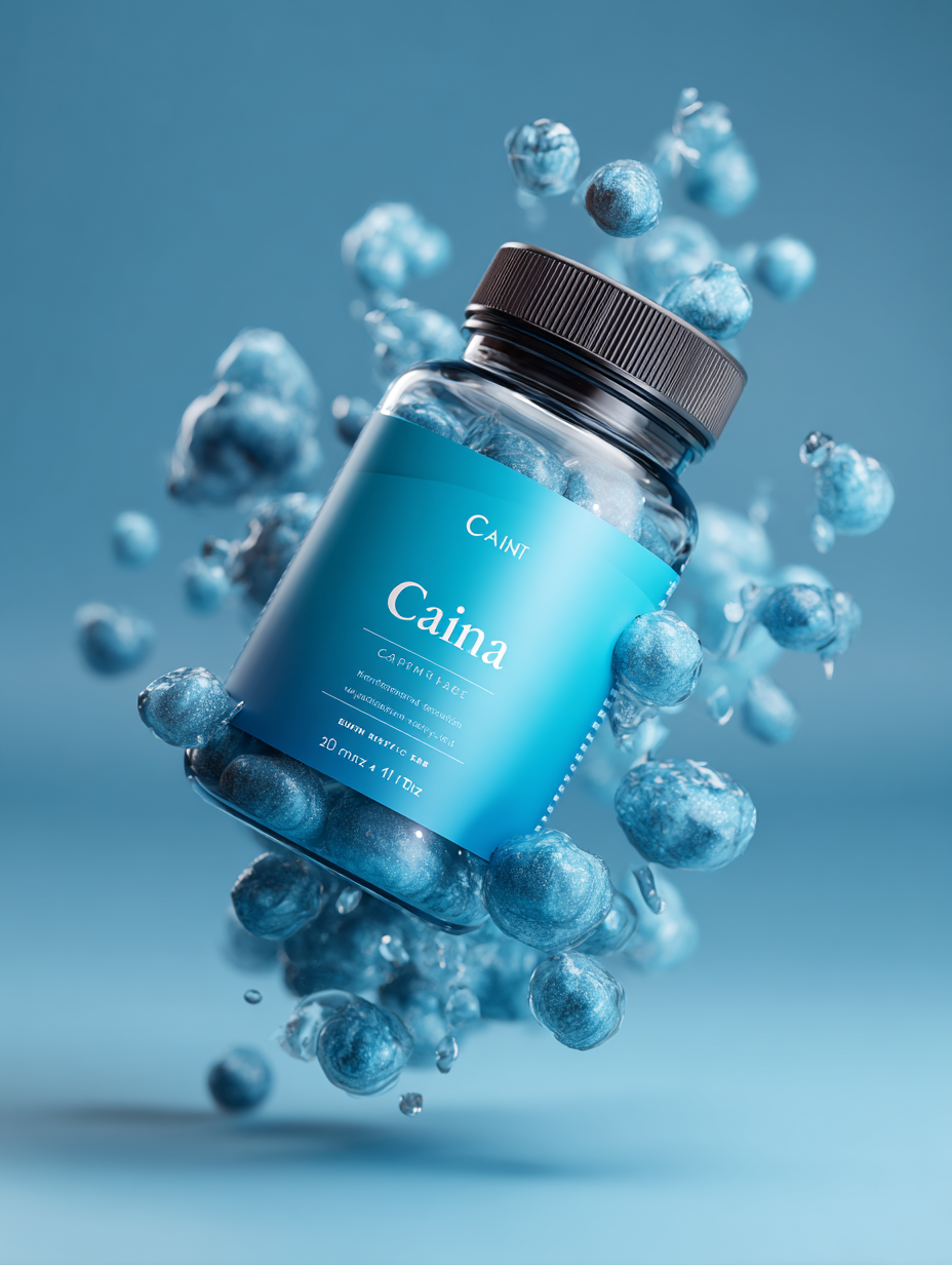 Caina - supliment natural în capsule pentru îmbunătățirea circulației sanguine și susținerea funcțiilor fiziologice, ambalat într-o cutie elegantă de culoare navy cu accent verde medical pe fundal neutru